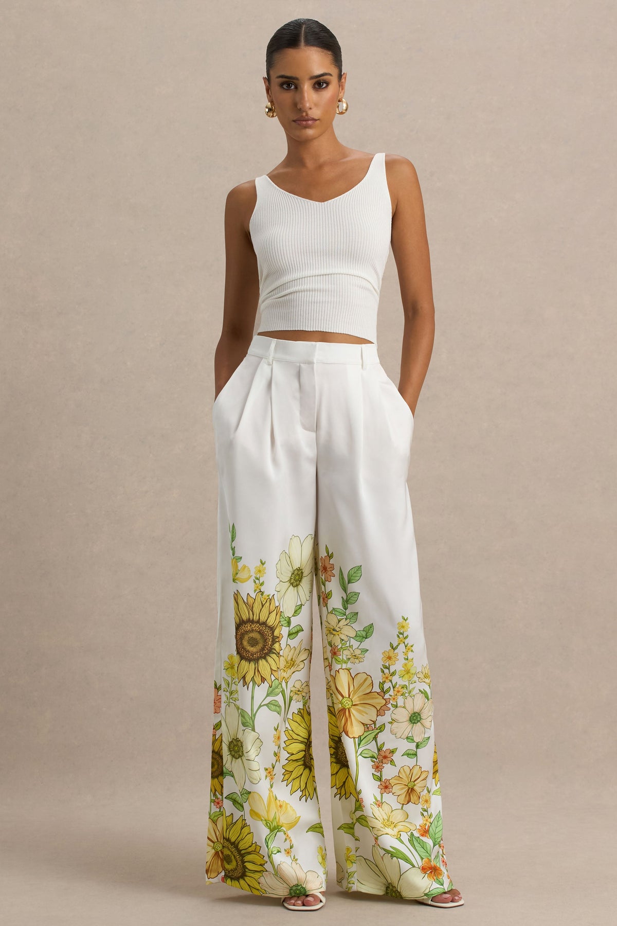 Louise | Sunflower Print Wide-Leg Trousers