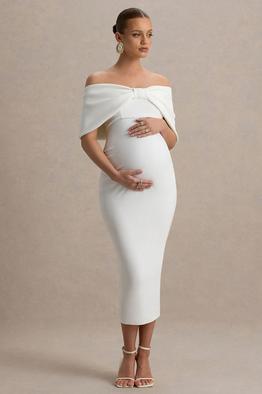 Droplet | White Bow Bardot Maternity Midi Dress