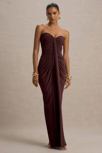 Ali | Warm Brown Sweetheart Ruched Wrap Maxi Dress