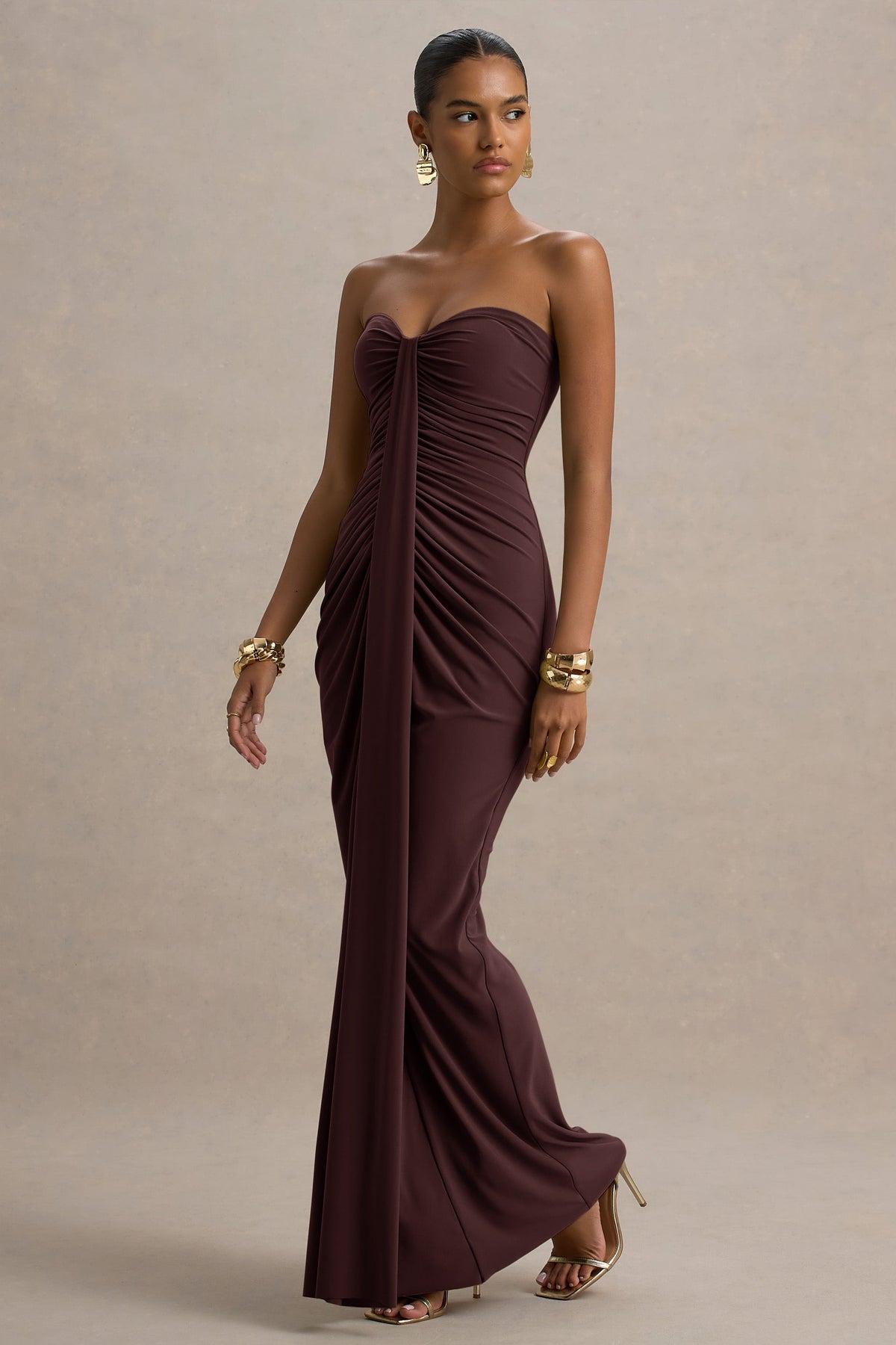 Ali | Warm Brown Sweetheart Ruched Wrap Maxi Dress