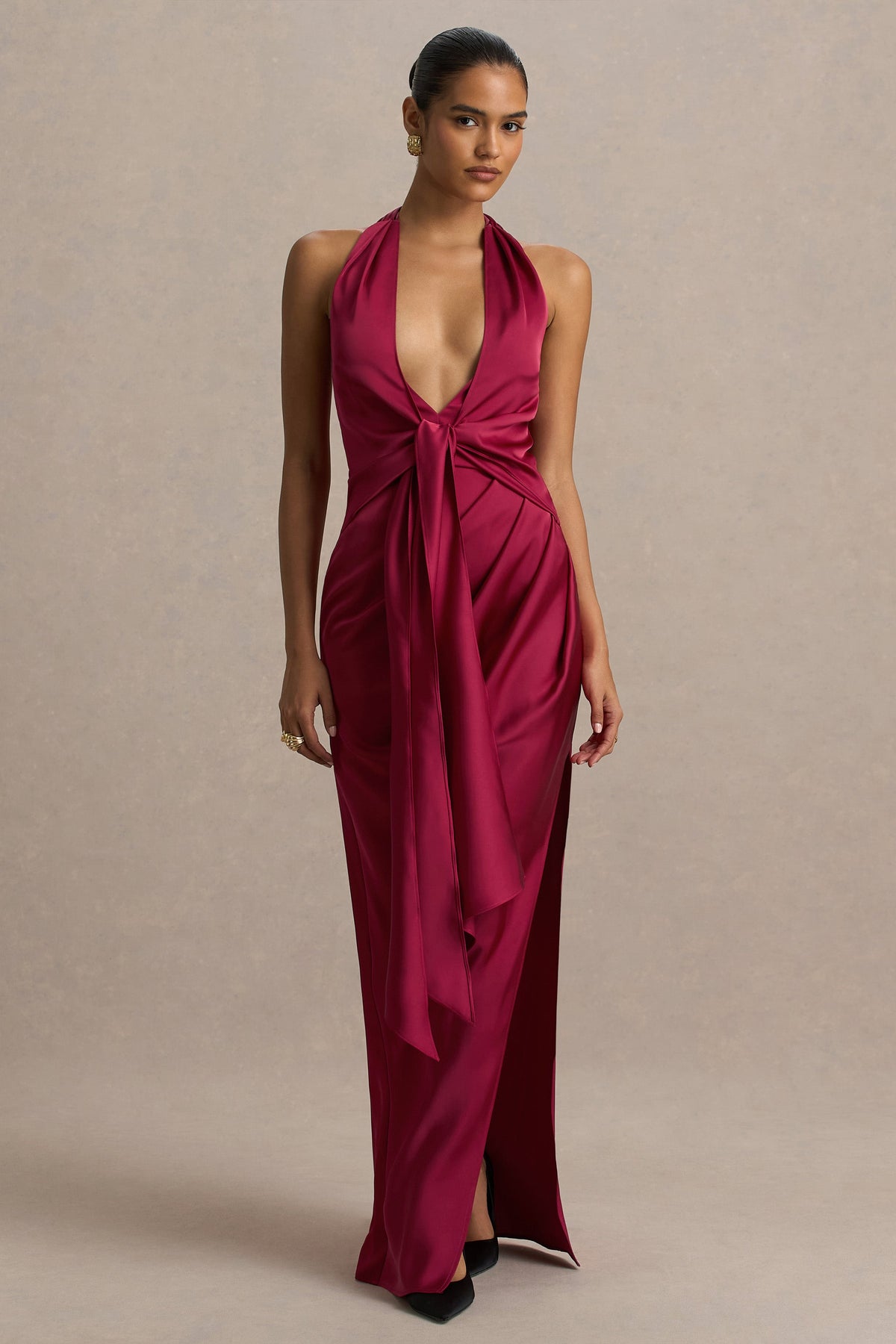 Lynette | Burgundy Satin Plunge-Neck Maxi Dress With Asymmetric Hem