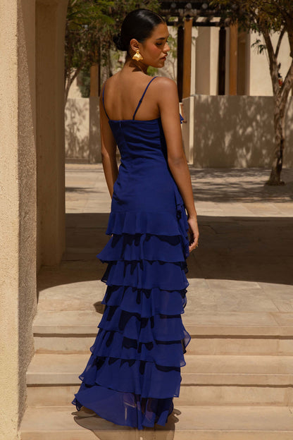 Marlee | Blue Chiffon Plunge-Neck High-Low Maxi Dress