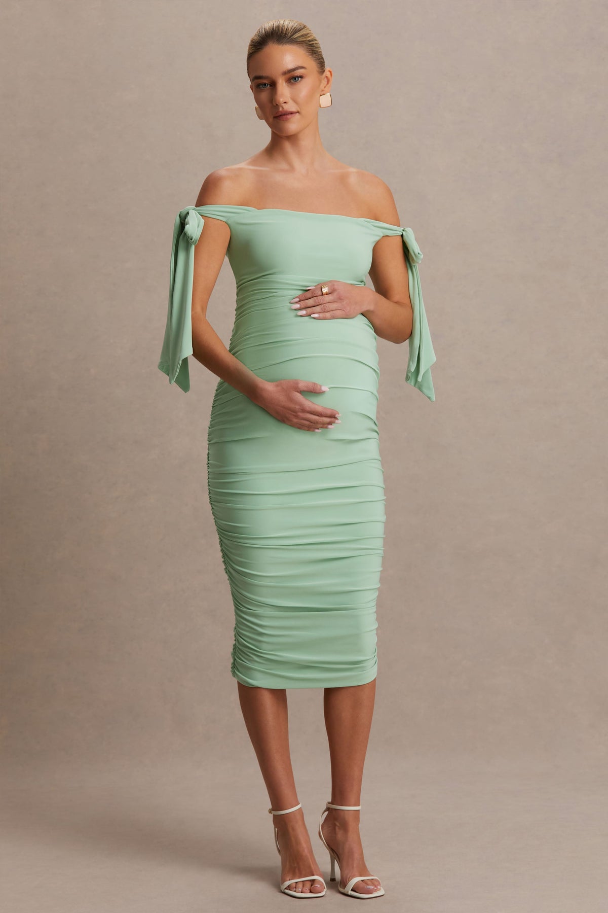 Chandelier | Light Green Bardot Maternity Midi Dress With Bow Details
