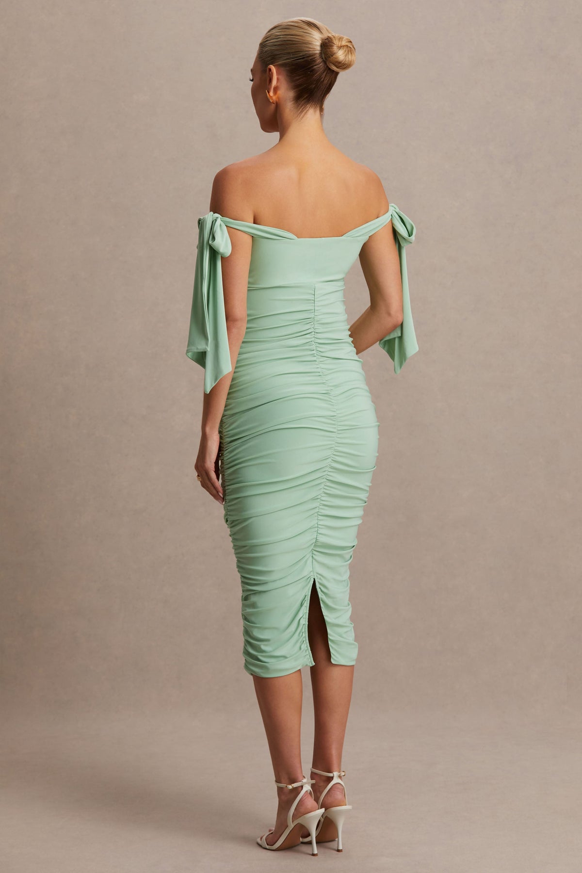 Chandelier | Light Green Bardot Maternity Midi Dress With Bow Details