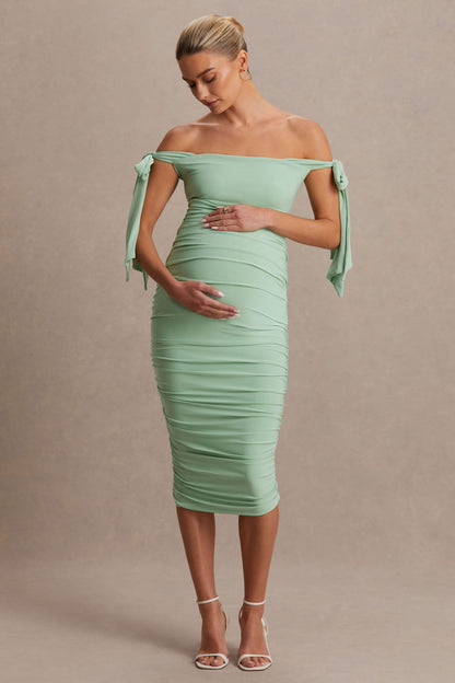 Chandelier | Light Green Bardot Maternity Midi Dress With Bow Details