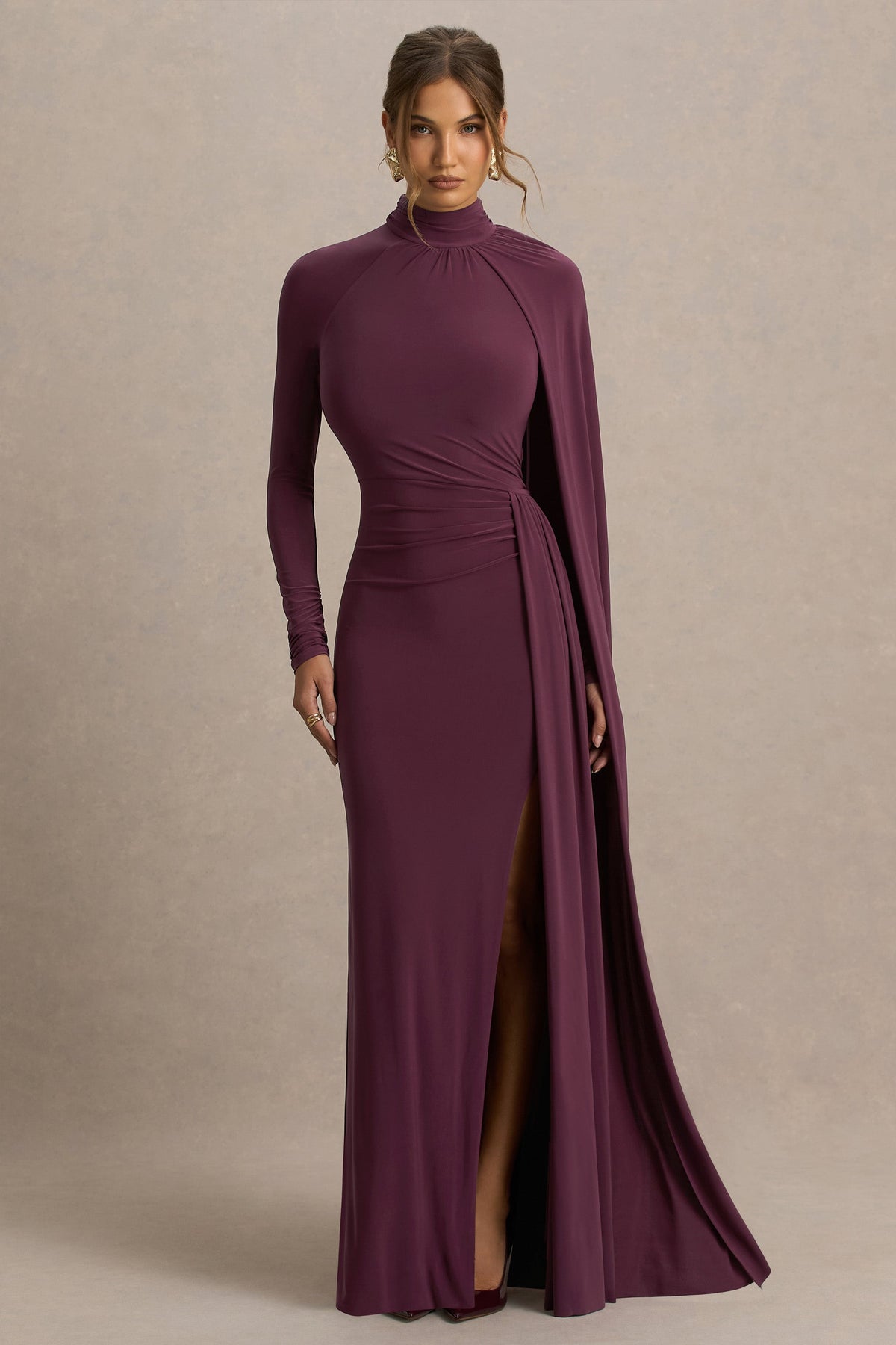 Anticipation | Burgundy High-Neck Maxi Dress With Front Split And Ruched Detailing