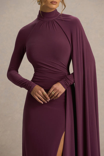 Anticipation | Burgundy High-Neck Maxi Dress With Front Split And Ruched Detailing
