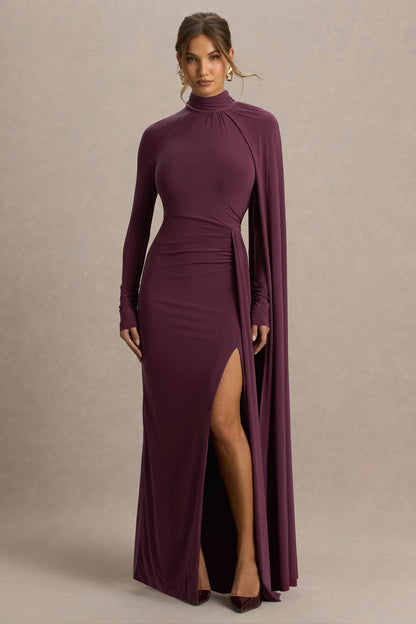 Anticipation | Burgundy High-Neck Maxi Dress With Front Split And Ruched Detailing