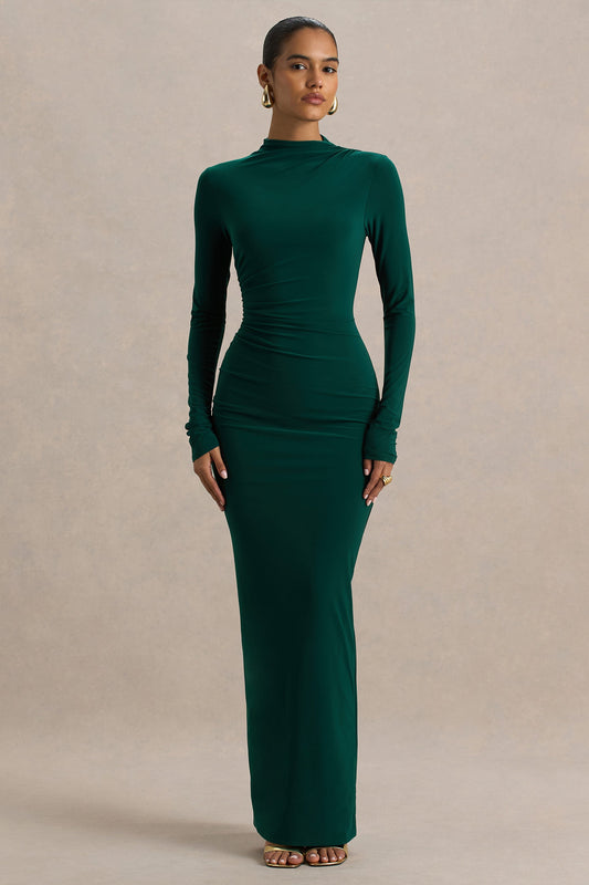 Eden |  Bottle Green High-Neck Maxi Dress With Ruched Detailing