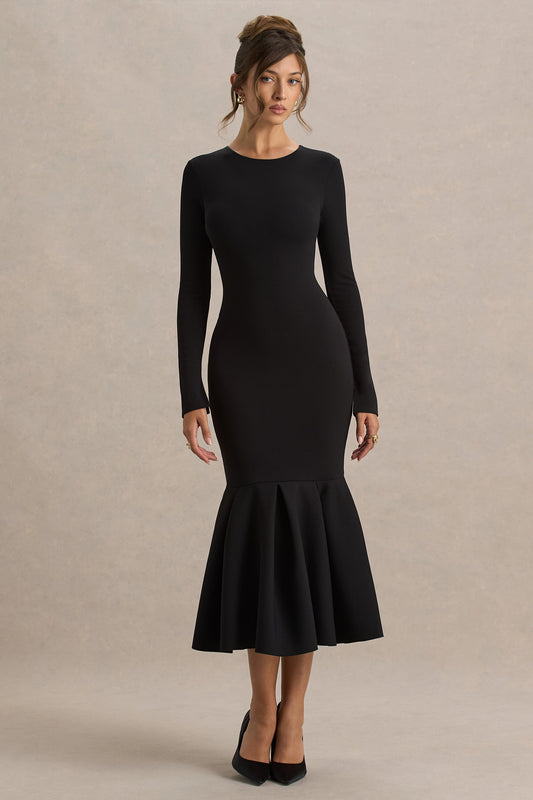 Liberty | Black High Neck Mermaid Midi Dress With Ruffling Detail