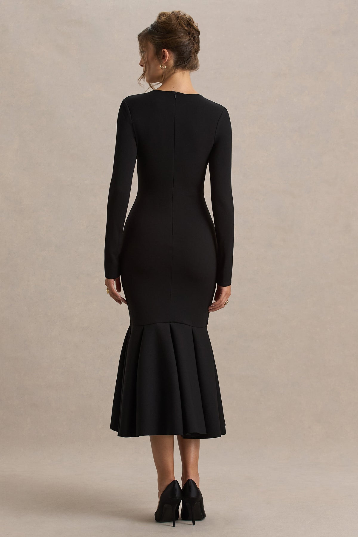 Liberty | Black High Neck Mermaid Midi Dress With Ruffling Detail