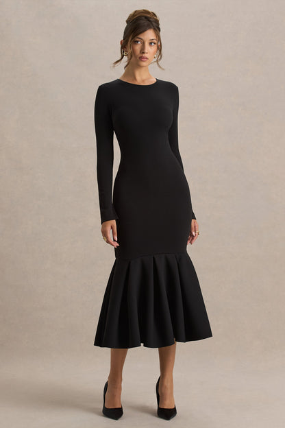 Liberty | Black High Neck Mermaid Midi Dress With Ruffling Detail