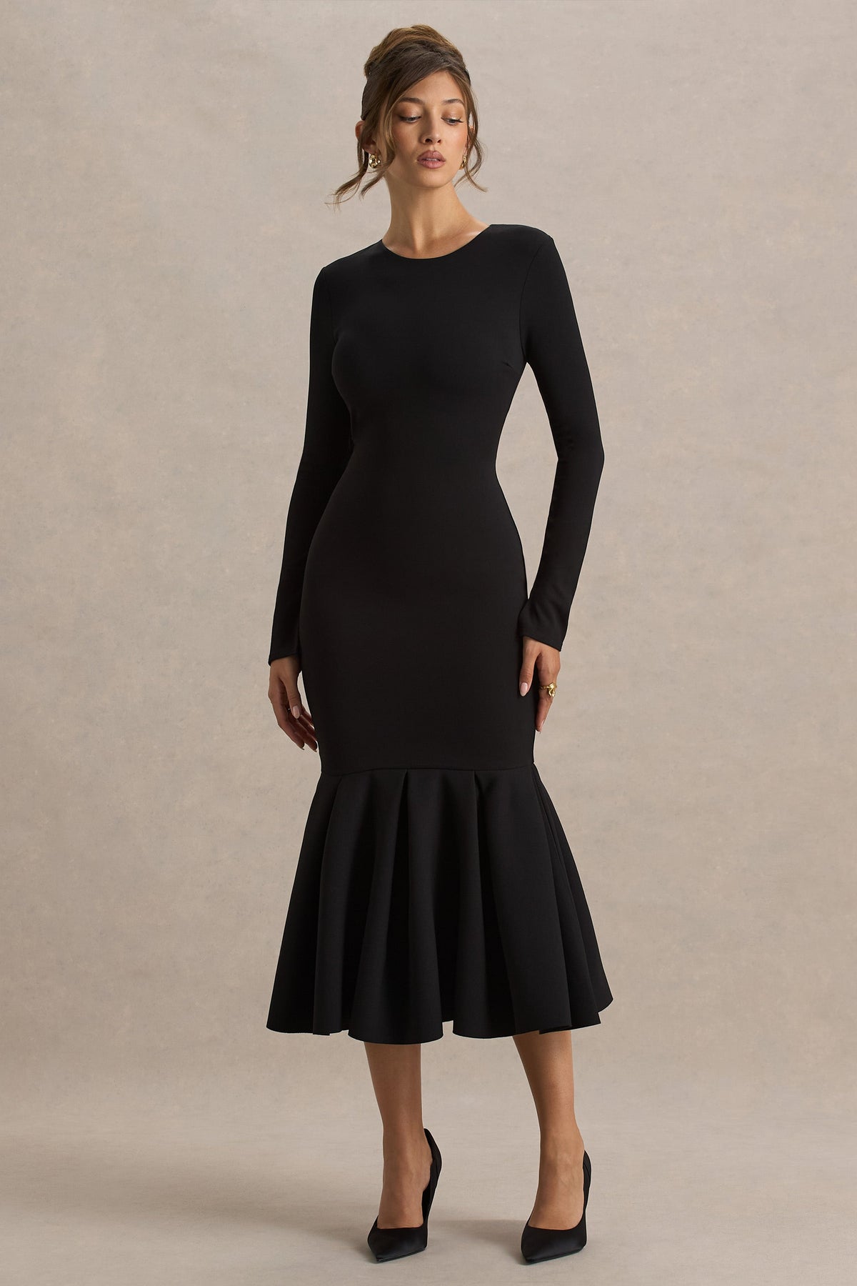 Liberty | Black High Neck Mermaid Midi Dress With Ruffling Detail