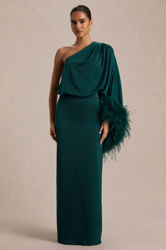 Felicity | Teal Satin Asymmetric-Neck Maxi Dress With Feather Detailing