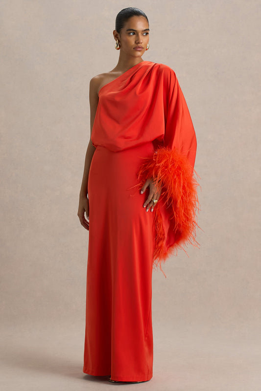 Felicity | Orange Satin Asymmetric-Neck Maxi Dress With Feather Detailing