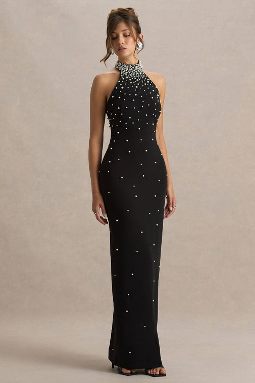 Dani | Black Hand-Embellished Halter-Neck Maxi Dress