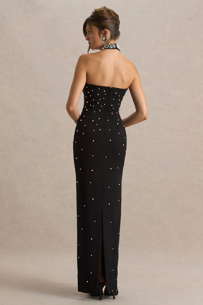 Dani | Black Hand-Embellished Halter-Neck Maxi Dress