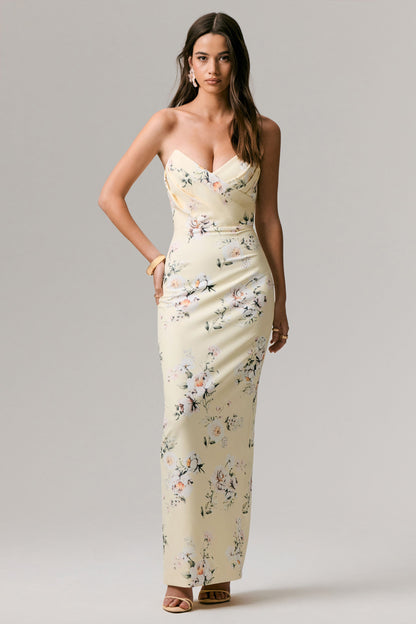 Fierce | Lemon Print Asymmetric Ruched Maxi Dress