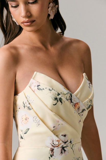 Fierce | Lemon Print Asymmetric Ruched Maxi Dress