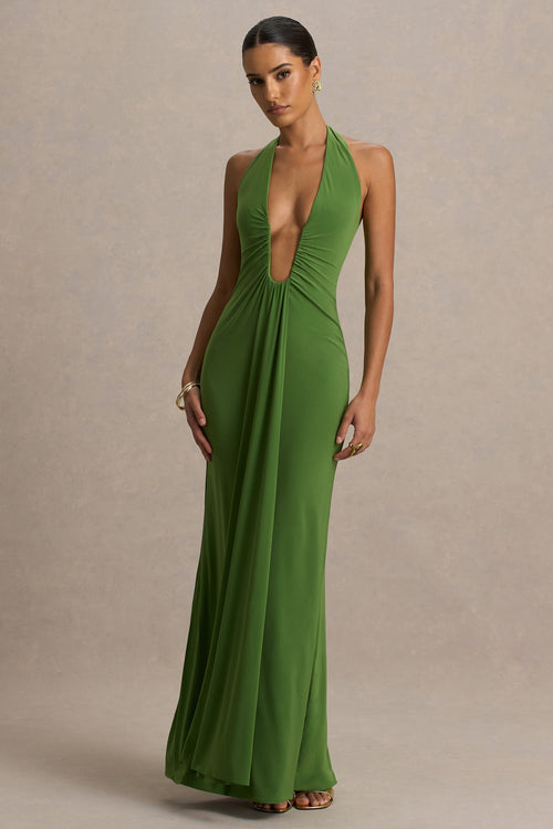Hera | Green Extreme Plunge Maxi Dress With Ruched Detail