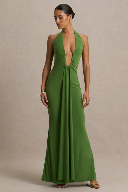Hera | Green Extreme Plunge Maxi Dress With Ruched Detail