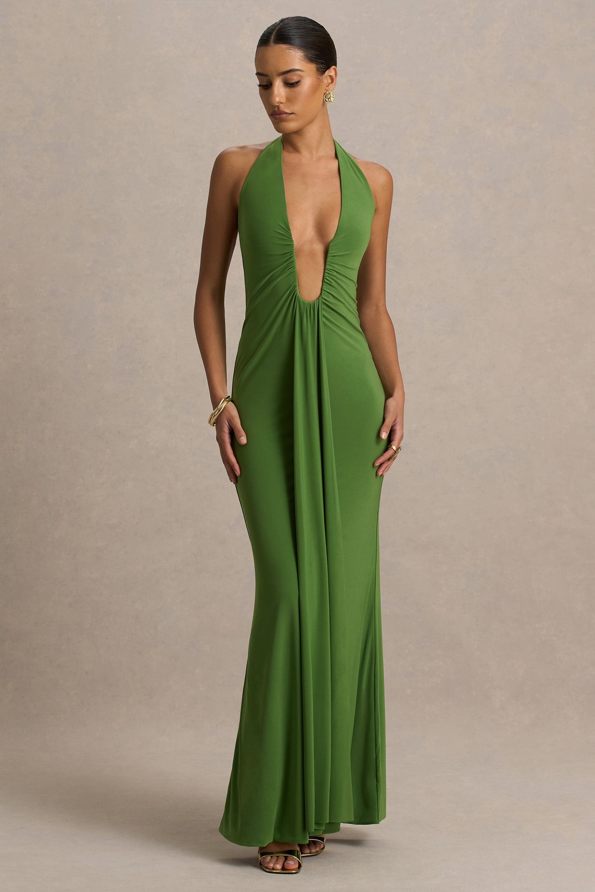 Hera | Green Extreme Plunge Maxi Dress With Ruched Detail