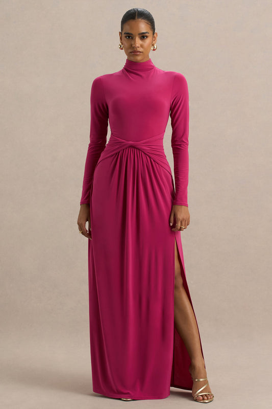 Hourglass | Hot Pink Long-Sleeve Twisted Maxi Dress With Split
