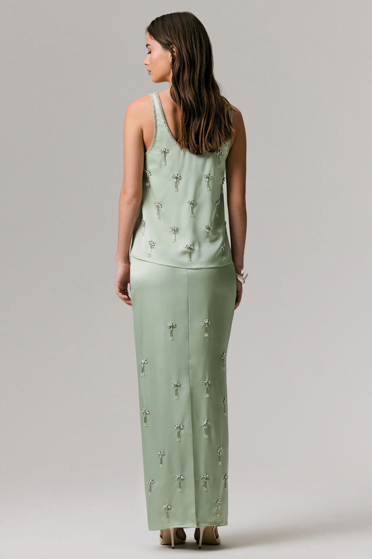 Lena | Mint Satin Embellished Maxi Skirt