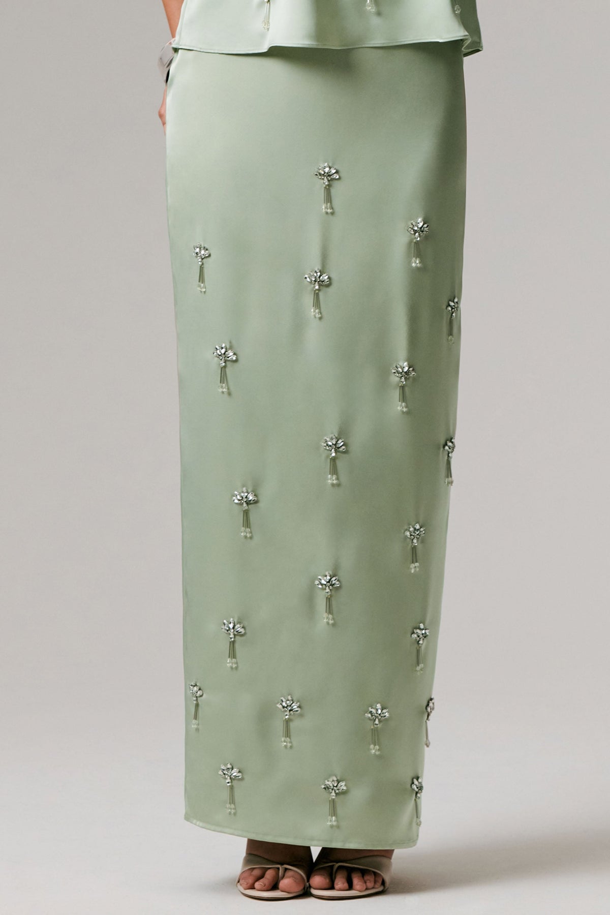 Lena | Mint Satin Embellished Maxi Skirt