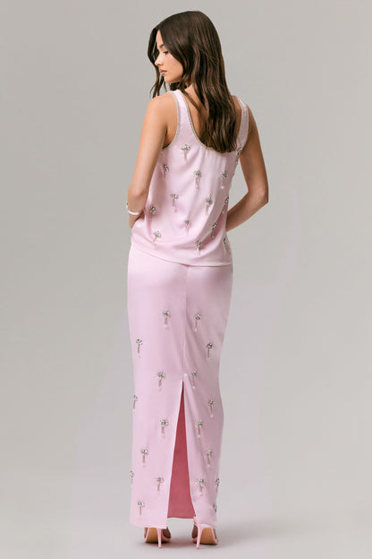 Lena | Pink Satin Embellished Maxi Skirt