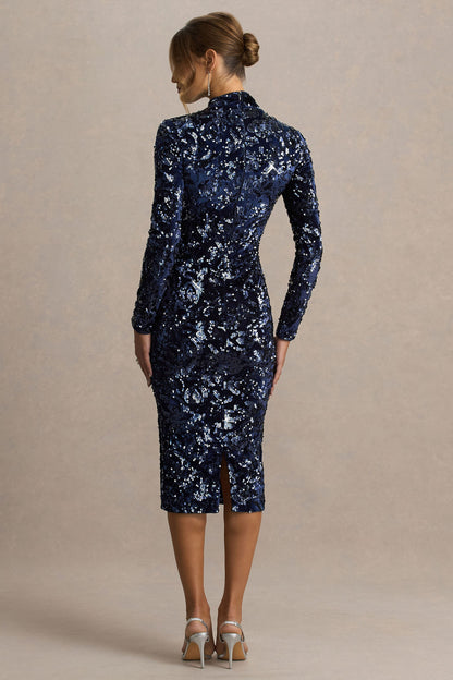 Alanita | Navy Velvet And Sequin Embellished High-Neck Midi Dress With Long Sleeves