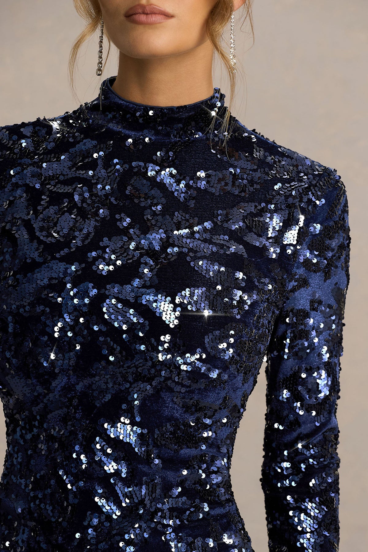 Alanita | Navy Velvet And Sequin Embellished High-Neck Midi Dress With Long Sleeves