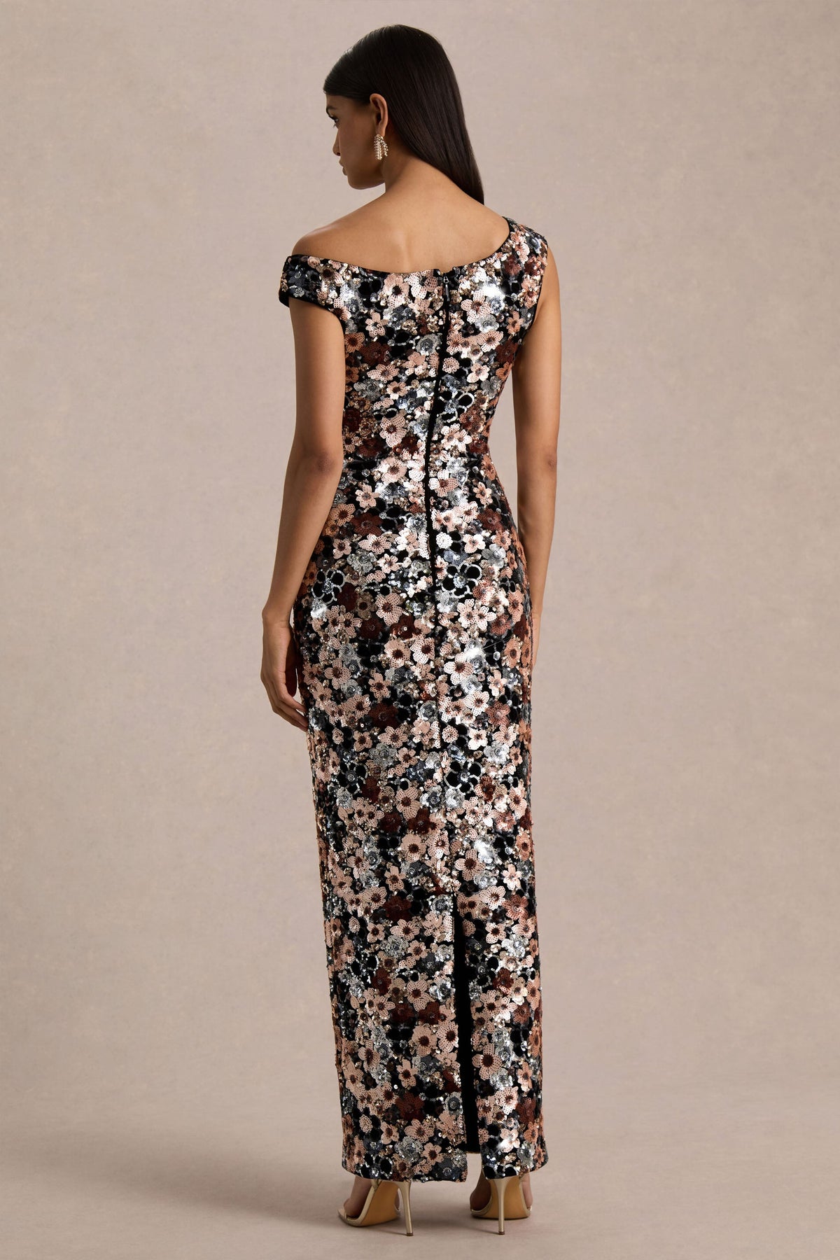 Electric | Black Velvet & Embellished Sequin Floral Asymmetric-Neck Maxi Dress