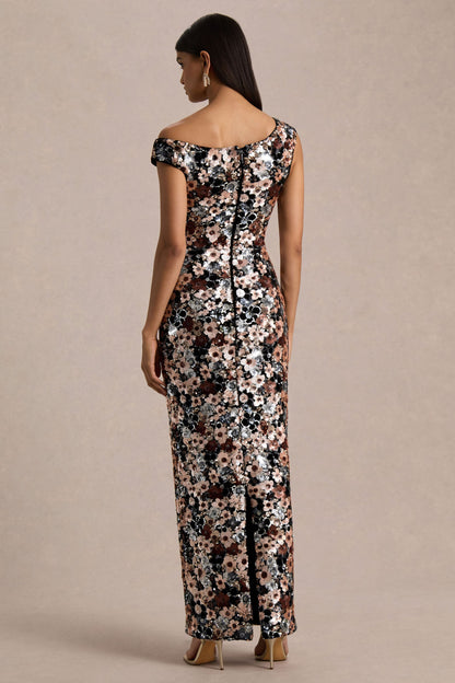 Electric | Black Velvet & Embellished Sequin Floral Asymmetric-Neck Maxi Dress