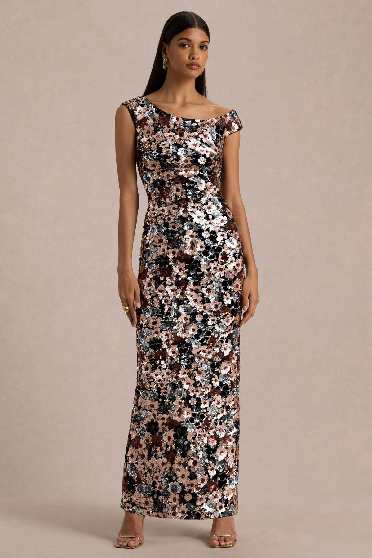 Electric | Black Velvet & Embellished Sequin Floral Asymmetric-Neck Maxi Dress
