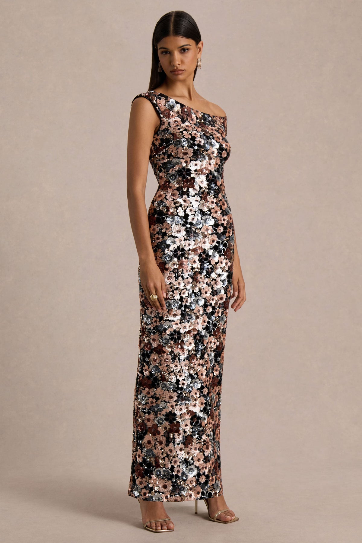Electric | Black Velvet & Embellished Sequin Floral Asymmetric-Neck Maxi Dress