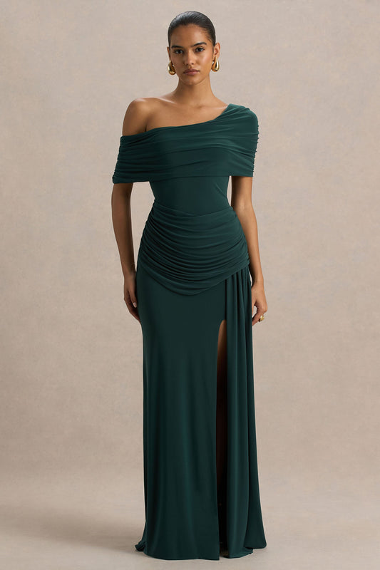 Dynasty | Dark Green Asymmetric-Neck Maxi Dress With Ruched Detailing And Front High-Split