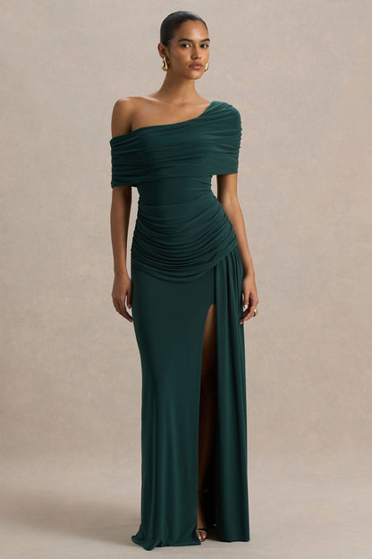Dynasty | Dark Green Asymmetric-Neck Maxi Dress With Ruched Detailing And Front High-Split