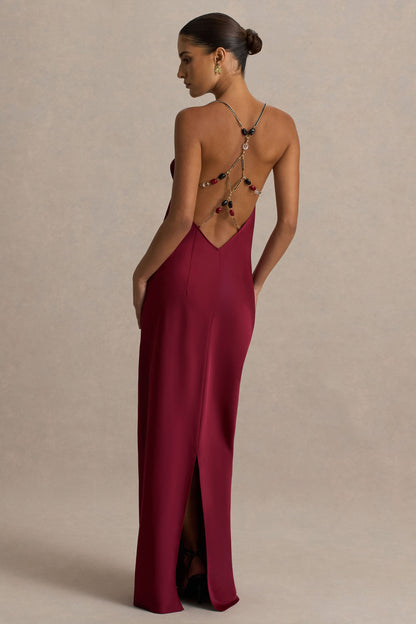 Cher | Burgundy Satin Square-Neck Maxi Dress With Embellished-Detailed Open-Back
