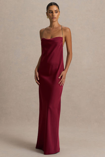 Cher | Burgundy Satin Square-Neck Maxi Dress With Embellished-Detailed Open-Back