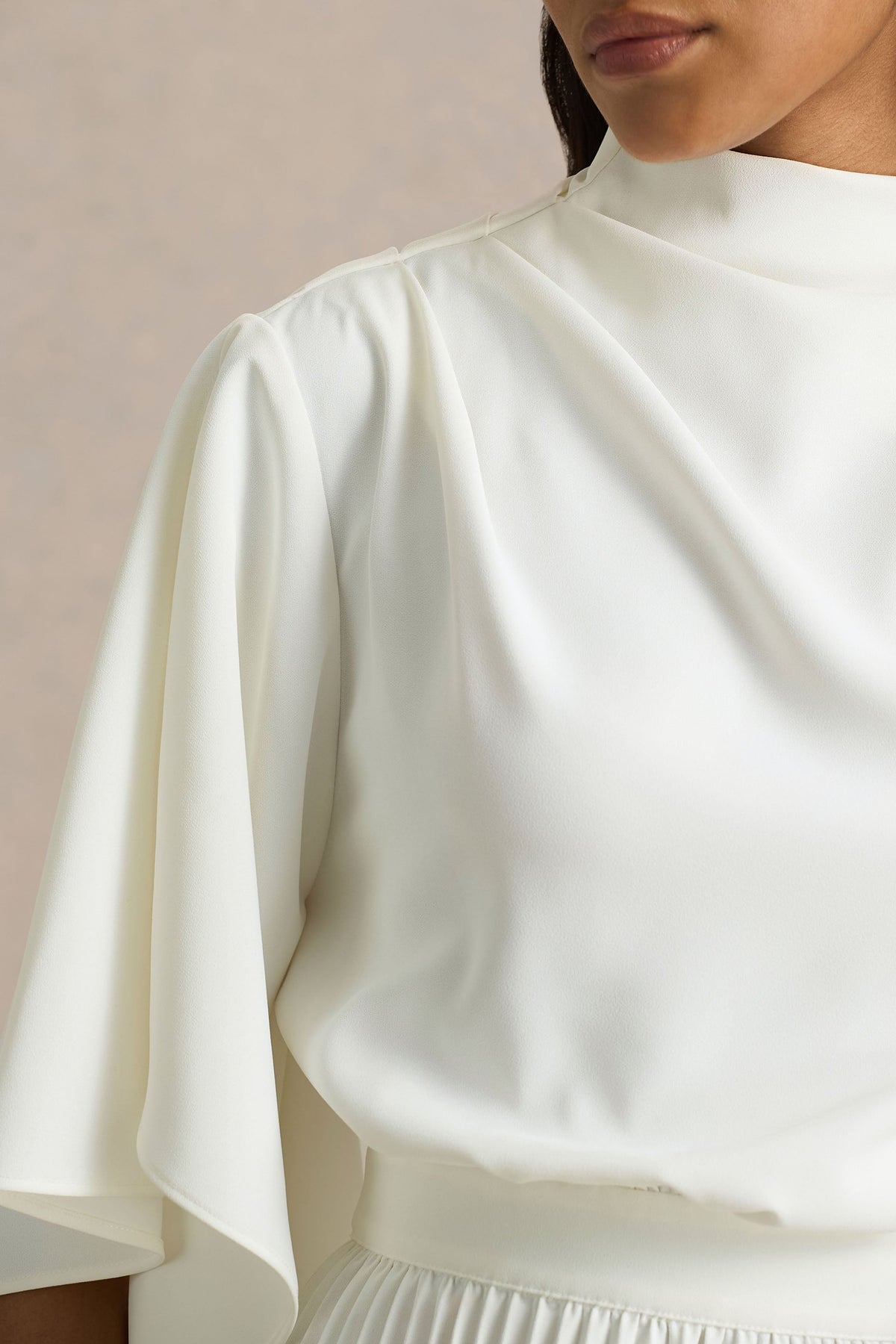 Jimena | Cream High-Neck Midi Dress With One-Long Sleeve And Pleated Detailing