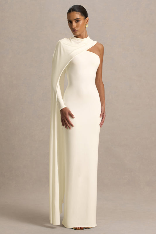 Dawn | Cream High-Neck Maxi Dress With One Long Cape-Sleeve