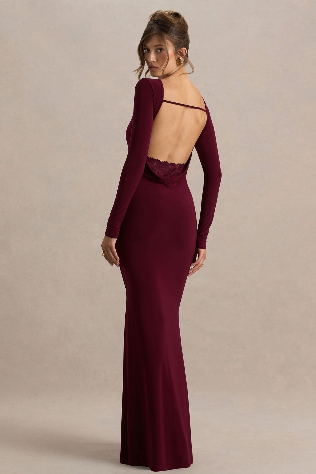 Estelle | Burgundy Boat-Neck Maxi Dress With Open-Back And Lace Detail