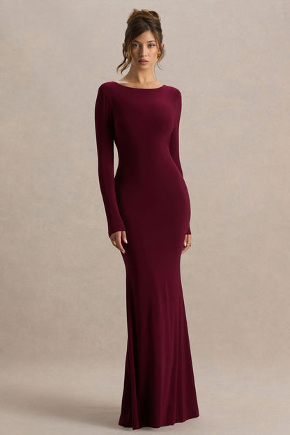 Estelle | Burgundy Boat-Neck Maxi Dress With Open-Back And Lace Detail