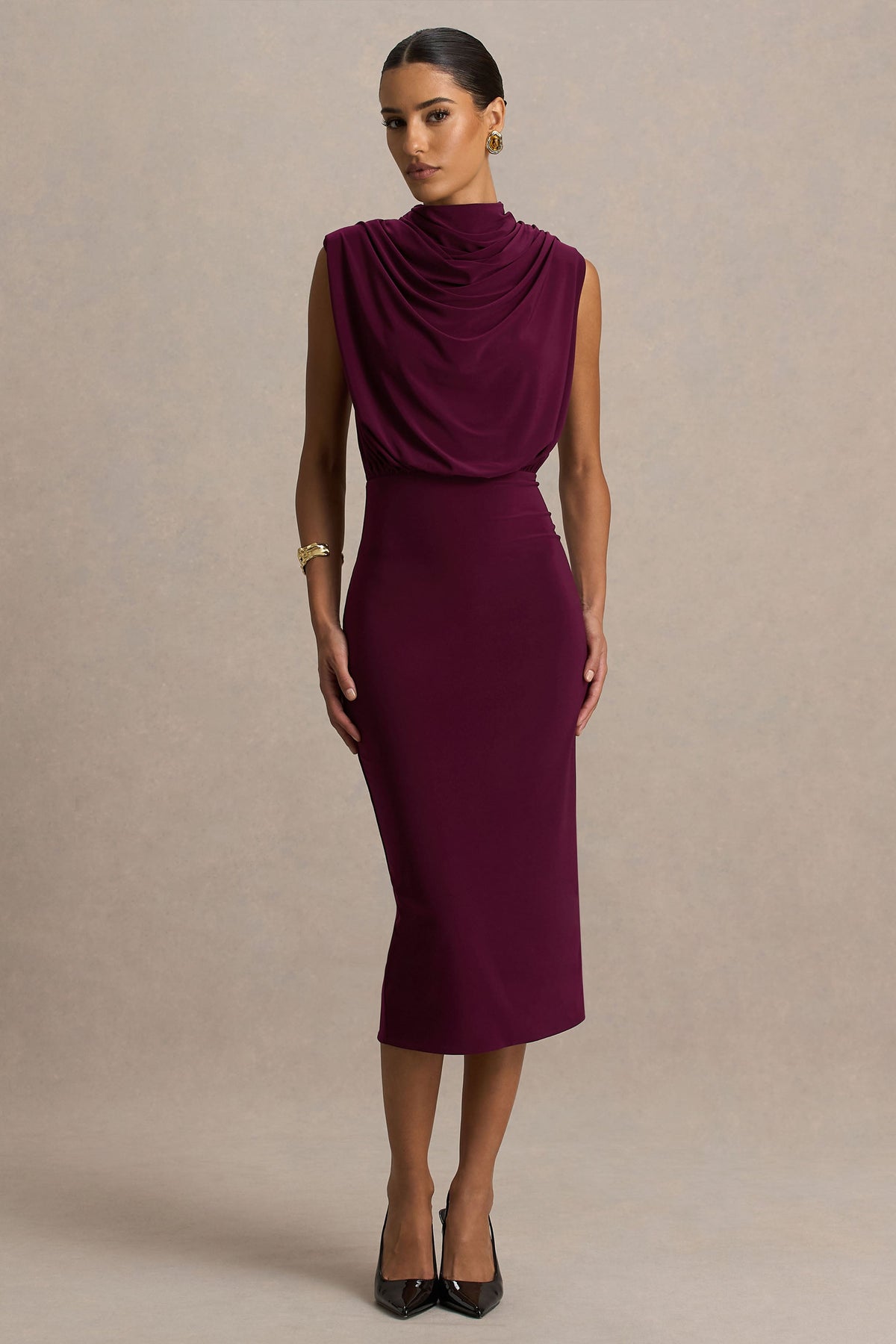 Hermia | Burgundy High-Neck Midi Dress