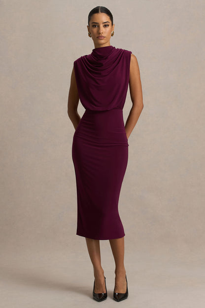 Hermia | Burgundy High-Neck Midi Dress
