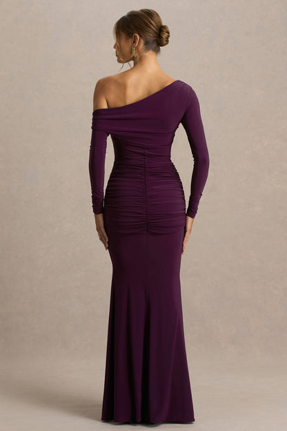 Clover | Burgundy Asymmetric-Neck Wrapped Maxi Dress With Sash