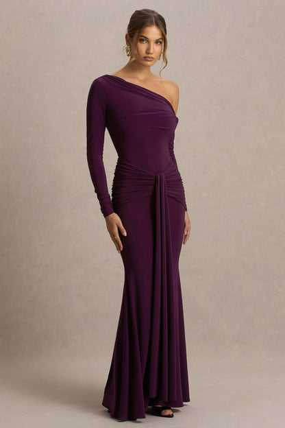 Clover | Burgundy Asymmetric-Neck Wrapped Maxi Dress With Sash