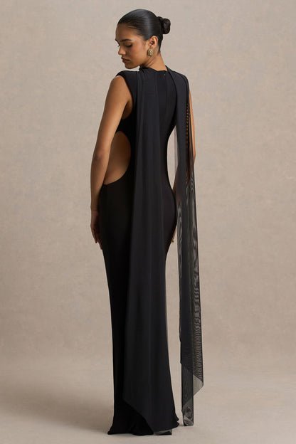 Katara | Black High-Neck Maxi Dress With Body Cut-Out Details