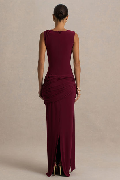 Decadence | Burgundy High-Neck Wrapped Maxi Dress With Twist-Sleeve